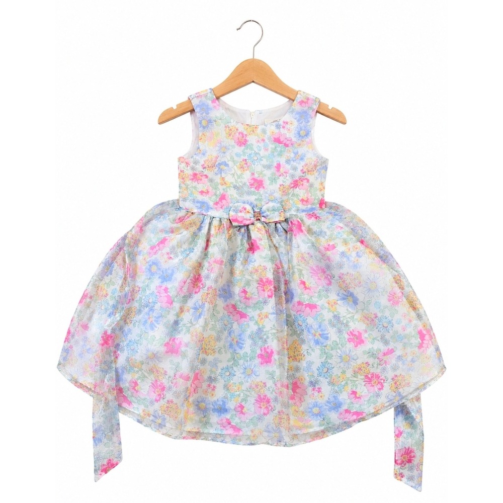 Nannette Kids Girls Floral Party Dress Pink Blue Yellow Size 7/8 Sleeveless Bow